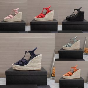 2023 designer luxury Sexy wedge heel sandals womens 100% leather fashion Straw braided waterproof table T-strap sandal classic ladys Back hollowed out Peep-toe shoes