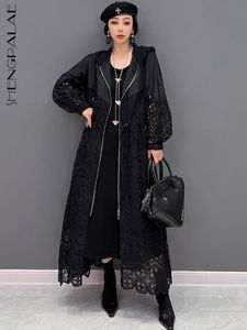 Trench feminina casacos shengpalae woman hollow out impressão com capuz com zíper solto cardigan roupas de roupa preta 2023 primavera 5r1164 230421