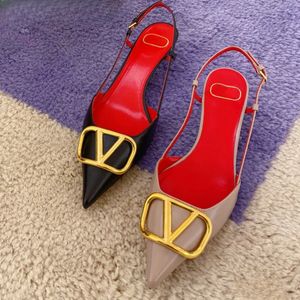 디자이너 포인트 샌들 하이힐 웨딩 신발 여름 브랜드 V 금속 버클 진짜 가죽 얇은 힐 6cm 8cm 10cm 빨간 먼지 가방 크기가있는 여성 펌프 34-44