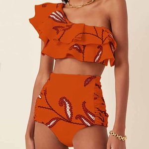 Women's Swimwear One-Shoulder Ruffled Bikini Set Tankini Three Piece Bikini Separate Bandeau Swimsuit Shorts Bourkini Luxury Orange 230421