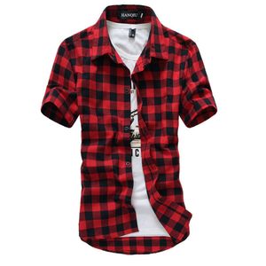 Mäns avslappnade skjortor Summer Plaid Red Black Lapel Kort ärm T-street modestil andningsbar knapp upp 230421