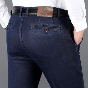 Mens Jeans Autumn and Winter Classic High midjeverksamhet Dark Blue Straight Elastic Denim Brand Thick Pants 231112