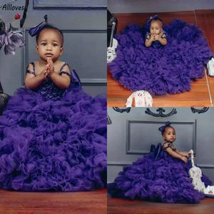 Adorável roxo flor menina vestidos lindo tule babados saia inchado princesa crianças festa formal vestidos de baile grânulo menina criança primeira comunhão vestido cl2955