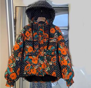 デザイナージャケットの女性ダウンジャケットフード付きルーズフラワープリントパフジャケットレディースコート