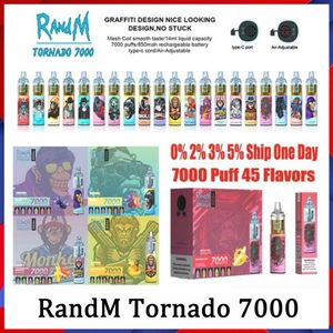 Original RandM Tornado 7000 Disposable Vape Pen Electronic Cigarettes 14ml Pod Mesh Coil Rechargeable Air-adjustable 2% 5% Device Vaporizer 50 Flavors Fast Ship