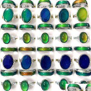 Unisex Mood Color Change Cluster Rings Mix Gemstone Celtic Style Party Gifts Accessories, Alloy Silver Bar Set, Sizes 16-20mm