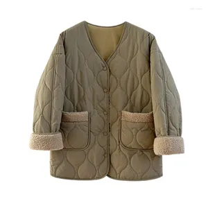 여자 트렌치 코트 2023 겨울 코트 v- 넥 스 플린트 양고기 면화 재킷 여자 싱글 가슴 주머니 한국 탑