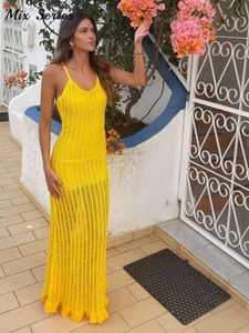 Moda meia transparente malha maxi vestido feminino amarelo sexy decote em v sem mangas sem costas vestidos finos elegante praia vestido