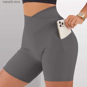 Yoga Outfit Crossover Yoga Shorts Damen Fitness Ribber Leggings Damen Nahtlose Shorts V Taille Workout Gym Shorts Scrunch Butt Booty T230421