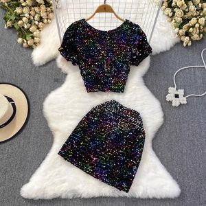 Vestidos de trabalho WDMSNA Sexy Lantejoulas Camiseta Redondo Pescoço Backless T-shirt Cintura Alta Bolso Bodycon Saia Verão Duas Peças Define Womens Outifits