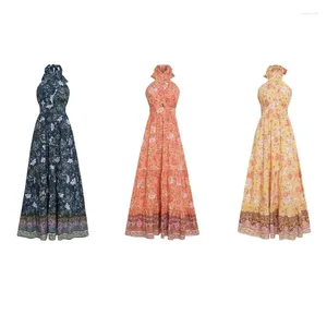 Casual Dresses Women Vintage Floral Print Halter Tie-Up Backless Flowy A-Line Maxi Long Dress