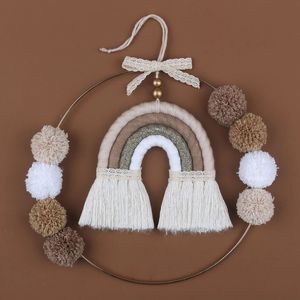 Decorazioni natalizie Nordic Macrame Arcobaleno Decorazione da parete per camera da letto Asilo nido Camera dei bambini Rotondo in metallo Arazzo Corda intrecciata Nappa appesa N84C 231121