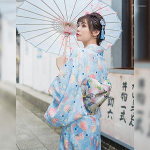 Roupas étnicas Quimono Robe Feminino Tradicional Japão Yukata Cor Azul Claro Estampas Florais Vestido de Verão Desgaste Cosplay