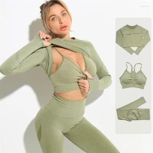 Active Sets Seamless Yoga Set Women Workout Sportswear Gym Clothing Fitness Long Sleeve Crop Top High Waist Leggings Bra Sports Suits