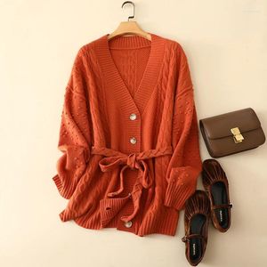 Women's Knits Winter Lace-up Peas Twisted Woven Mid-length Pure Cashmere Knitted Cardigan Coat Women