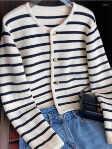 Women's Knits Deeptown Y2K Vintage Striped Knitted Cardigan Women Korean Old Money Oversized Cropped Sweater Elegant Casual Chic Tops