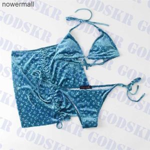 Lake Blue Swimsuit Velvet Bikini 3 조각 Jacquard Letter 수영복 여성 휴가 숙녀 수영 드레스 Multicolor