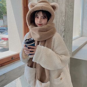 Hattar Scarves Set Little Bear Hat Scarf Women's Autumn and Winter Versatile Cute Warm Hooded Plush Three Piece Set 231121