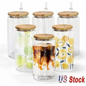 2 Days Delivery US Warehouse 16oz Sublimation Glass Beer Mugs with Bamboo Lids And Straw Blanks Frosted Clear Mason Can Tumblers Cocktail Iced Coffee Soda Cups USA/CA