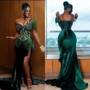 Dark Green Mermaid Prom Dresses Sexy One Shoulder Velvet Evening Gown Beaded Crystals Split Side Pageant Dresses Custom Made 2023