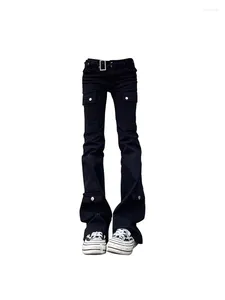 Kvinnors jeans svarta gotiska flare last y2k retro estetiska denim byxor vintage harajuku hög midja bred ben cowboy kläder