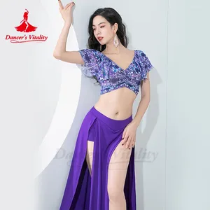 Stage Wear Belly Dance Clothing For Women Training Costume Lotus Leaf Printed Top Double Split Half Skirt Adult Oriental Dancing Outfit