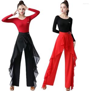 Scen Wear Latin Dance Pants Practice Ballroom Wide-Ben Modern Women's High midje Ruffle Wide 5xl