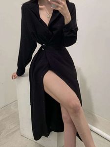 Deeptown Korean Style Black Midi Shirt Dress Women Coquette Sexig Winter One Piece Dresses Chic Spilled Long Sleeve Tunic Vestidos