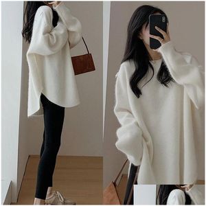 Damenpullover im Leerlaufstil, lockerer Rundhalsausschnitt, einfarbig, für Frauen, 2023, Herbst und Winter, neuer koreanischer Casual-Side-Slit-Strickpullover p Dhqu1