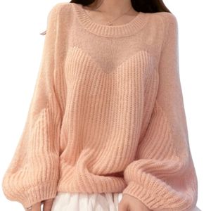 Damenhemd mivmiv Designermode Top-Marke Korean Dong Men Pink Sweater Female Lazy Lantern Sleeve Top Herbst/Winter Loose Hollow out Herbst/Winter Strick