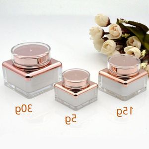 5 15 30ML Upscale Clear Jars Square Acrylic Jars With Gold Lid White Liner Plastic Empty Cosmetic Sample Containers Plastic Pot Mbgbd