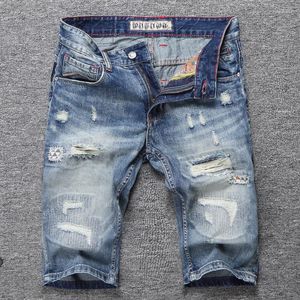 Marca famosa jeans masculino estilo italiano moda retrô azul bordado shorts jeans rasgados remendos designer hip hop