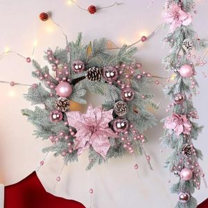 Dekorativa blommor Julkrans underbara rosa julstjärnor Garland med bollprydnader för ytterdörrdekoration
