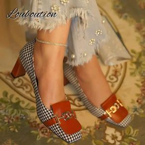 Dress Shoes Retro Fashion Women's Shoes Thousand Bird Lattice Soft Leather Ladies Pumps Spring Square Toes Chunky Heels Female Shoes 231121