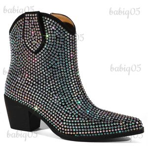 Boots Autumn Winter Women's Ankle Boots Rhinestone Pointed Toe Chunky Heels Western Cowboy Ankle Boots For Female Shoes Woman T231121