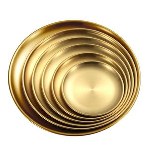 Dishes & Plates Stainless Steel Barbecue Dishes Storage Tray Western Food Brass Gold Round Plates Metal Fruit Plate Dessert Snack Jewe Dhi4S