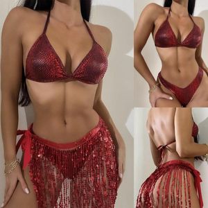 Abiti da lavoro Glitter Metal Paillettes Donna 3 pezzi Set Sexy Halter Bra Crop Top e perizoma Nappa Gonna Summer Beach Bikini Party Outfits