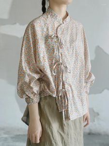 T-shirt da donna Camicia Top Giallo Versione ampia Pullover Cotone Lino Primavera ed estate Cinese Diagonale Retro Colletto alla coreana LacciCasual