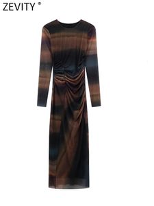 Sukienki swobodne Zevity Kobiety Vintage O Szyja Kontrast Kolor Związany Dyed Print MESH MIDI SUKIENKA Kobieca elastyczna pliska Slim Vestidos DS3007 230421