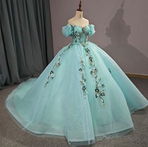 Nane Yeşil Zarif Glitter Quinceanera Omuz Kapalı Lüks Çiçek Aplike Dantel Up CorSet Vestido De 15 Prom