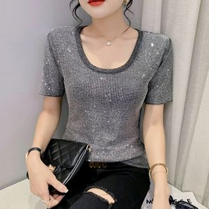 Women's T-Shirt Summer European Clothes Chic Sexy Shiny All Diamonds Women Tops Short Sleeve Bling Hand Make Tees 230421