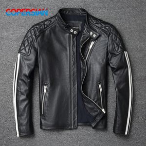 Mens couro falso moda jaqueta masculina 100% genuíno casaco de couro listras brancas legal motociclista fino curto outono roupas 231120