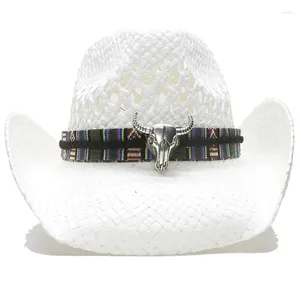 Basker stora oxhuvudbälte ihåliga kvinnor män unisexs retro raffia halm breda brim strand cowboy cowgirl western sun hatt (58 cm)