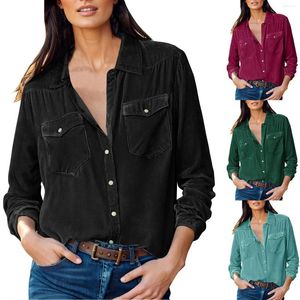 Blusas femininas camisas ocidentais mulheres casual cor sólida topos senhoras solto botão para baixo blusa de algodão manga longa colla camisa