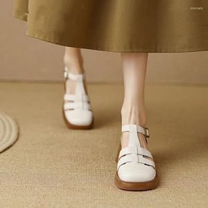 Dress Shoes Retro Women's Sandals Roman Literary Style Hollow Female Spring Summer Solid Color Thick Heels Flat Bottom Ladies