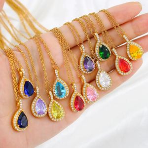 Pendant Necklaces Charms Bling Lucky Birthstone Stainless Steel Drop Shape Cubic Zirconia Psendant Necklace Gold Color Trendy Jewelry