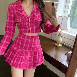 Two Piece Dress Small Fragrance Vintage Tweed Two Piece Set Women Crop Top Woolen Short Jacket Coat Mini Skirts Sets Sweet 2 Piece Suits 230421