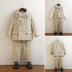 Suits Boys Ekose Blazers Seti Khaki Çift Kaynaklı Düğün Kostümü 1 ila 12 Yıl Çocuk Okulu Üniforma Toddler Piyano Performans Kıyafetleri 231121