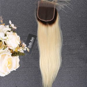 Bella Hair Silky Straight 1B / 613 Dark Roots Blonde Lace Closure Remy Virgin Human Hair Closure Piece Free Part Ombre Blonde Two Tone Lace Closures com Baby Hair Goals