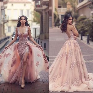 Saudi-Arabisch Überrock Meerjungfrau Abendkleider Top Qualität Sheer Backless V-Ausschnitt Applikationen mit Capes Lange Prom Party Split Kleider